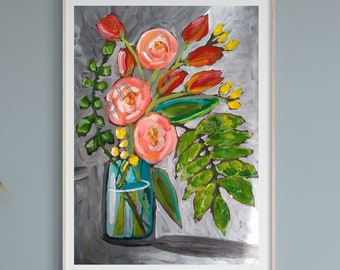 Pink Flowers Art Print Colorful Floral Wall Art Abstract Red Yellow Pink Flowers in Vase Bouquet Wall Decor