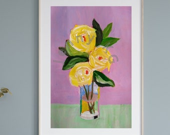 Print of Original Painting Yellow Flowers in Vase Floral Bouquet