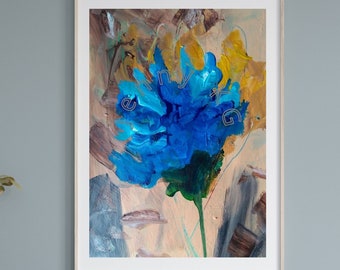 Blue Flower Wall Art Abstract Floral Print of Original Painting in the Style of