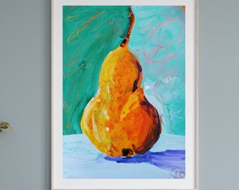 Print of Original Pear Painting Yellow Fruit Wall Art Yellow and Green Kitchen Decor