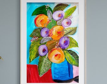 Orange FLowers Bouquet Art Print of Original Acrylic Painting Heavy Textural Quality Orange Flower Wall Art