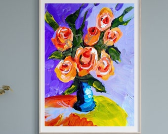 Orange Flowers Print in a Vase Floral Bouquet Art Abstract Blossoms Wall Art Kitchen Wall Decor Marmalade Roses in Bouquet Print