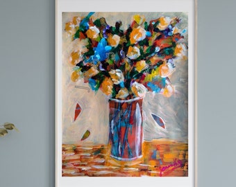 Orange Bouquet in Vase Print of Original Acrylic Painting Impressionist Art Wall Art Colorful Flowers Art