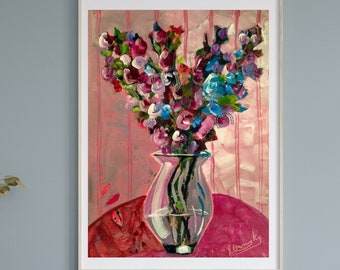 Magenta Bouquet Print of Original Painting Red Flowers Wall Art