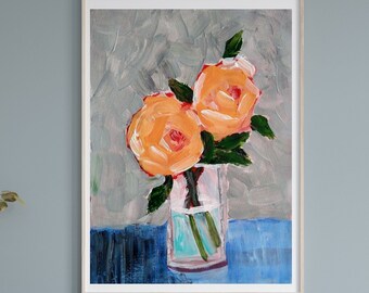 Print of Peachy Darlings Two Roses in Vase Wall Decor Fine Quality Print of Original Painting