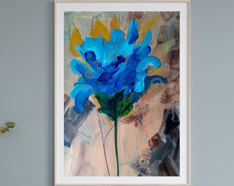 Blue Flower Painting Abstract Blue Wall Art Boldly Colorful Blue Print of Original Painting in the Style of