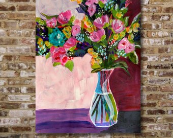 Hot Pink Decor Thin Canvas Print of Original Painting Magenta Bouquet in Vase Print of Painting Girls Room Art Feminine Wall Art