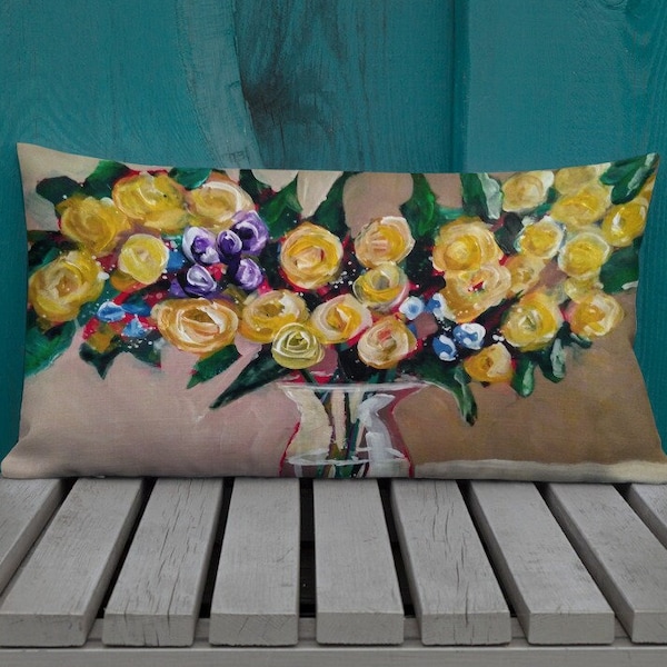 Yellow Roses Pillow Gamboge Accent Cushion Lemon Flowers Bolster Abstract Art Lumbar Support Vividly Colorful Floral Print Pillow