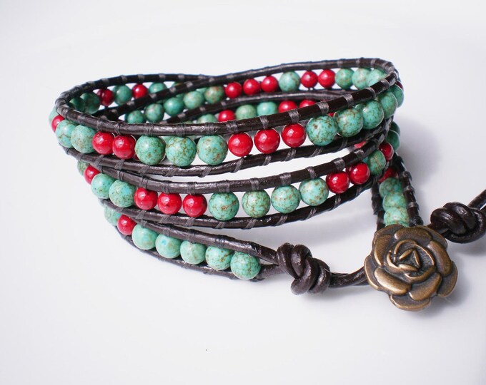 Leather Wrap Turquoise Bracelet W Riverstone 3X Etsy