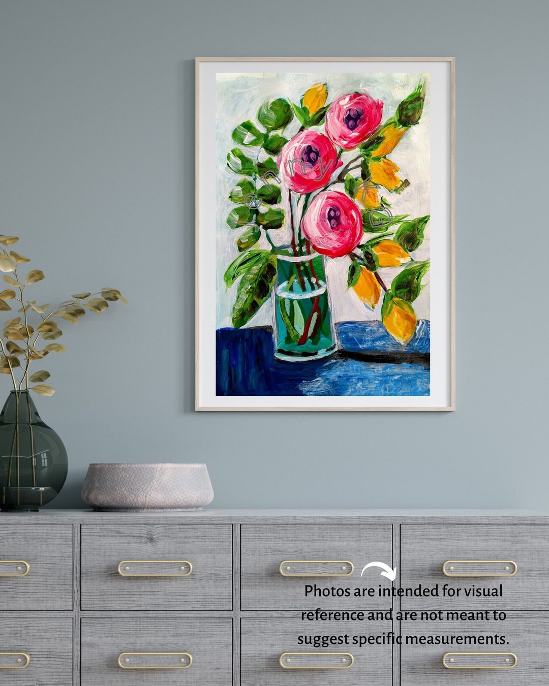 PRINT Red Flowers Wall Art Print of Original Painting Pink and Yellow