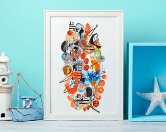 Abstract Orange Print MidCentury Modern Poster of Original Abstract Painting Orange and Blue Wall Decor Living Room Wall Art Dining Room