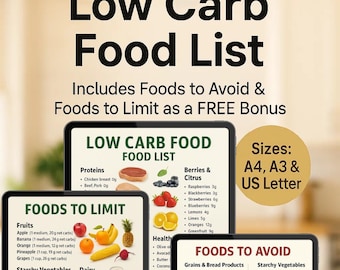 Low Carb Food List & Food Chart Printable,Low Carb Diet Planner, Low Calorie keto Diet Guide with Grocery List for Weight Loss and Diabetes