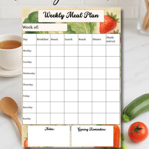 Weekly Meal Plan Printable PDF, A4 size digital download. Organize breakfast, lunch, dinner, and snacks for every day of the week with dedicated columns, plus track daily fluids in ml/oz. Includes space for notes and grocery reminders to make meal planning easy and stress-free. Perfect for anti-inflammatory diets, diabetic meal planning, weight loss, healthy eating, IBS, PCOS, Crohn’s, thyroid support, or family meal prep. Clean, editable chart for efficient weekly food organization.