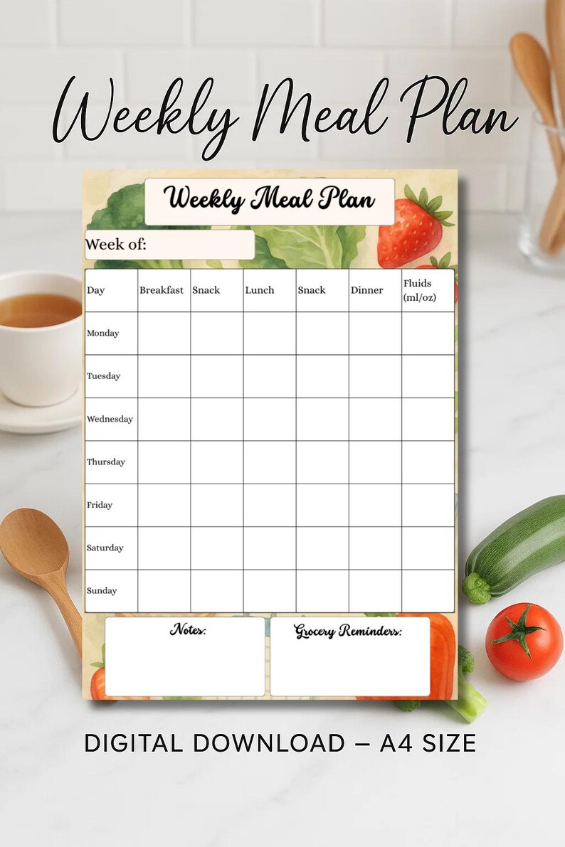 Weekly Meal Plan Printable PDF, A4 size digital download. Organize breakfast, lunch, dinner, and snacks for every day of the week with dedicated columns, plus track daily fluids in ml/oz. Includes space for notes and grocery reminders to make meal planning easy and stress-free. Perfect for anti-inflammatory diets, diabetic meal planning, weight loss, healthy eating, IBS, PCOS, Crohn’s, thyroid support, or family meal prep. Clean, editable chart for efficient weekly food organization.