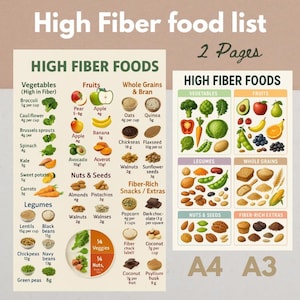 High Fiber Foods List/High Fiber Food Chart/Fiber-Rich Diet Planner/Fiber Foods Guide/Fiber Nutrition List/Low carb food/A3 & A4 Fiber Chart