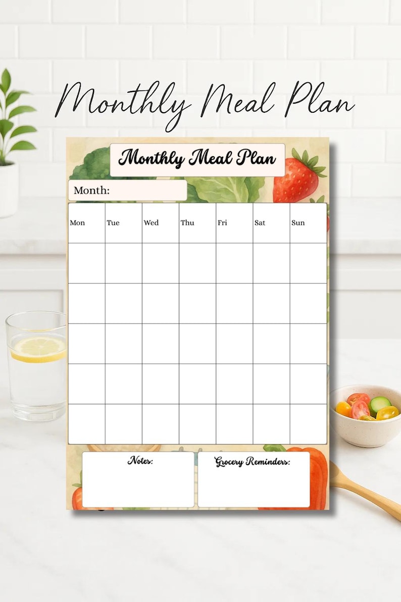 Monthly Meal Plan Printable PDF, A4 size digital download. Features a clean calendar-style template to organize breakfast, lunch, dinner, and snacks for every day of the month. Includes sections for notes and grocery reminders to simplify healthy eating and shopping. Perfect for anti-inflammatory meal planning, diabetic diets, weight loss, PCOS, IBS, Crohn’s, thyroid support, arthritis, and autoimmune diets. Helps reduce stress with an easy monthly food planner chart.