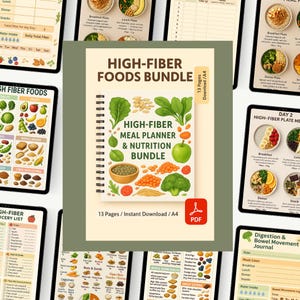 High Fiber Food Chart, Fiber-Rich Food List, Low Cholesterol Food List, IBS & Constipation Food Chart Printable PDF, High Fiber Grocery List