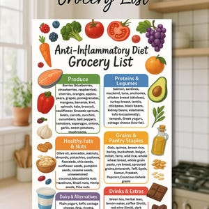 Anti-Inflammatory Diet Grocery List Printable PDF, A4 size chart with categorized foods for Produce, Proteins & Legumes, Healthy Fats & Nuts, Grains & Pantry Staples, Dairy & Alternatives, and Drinks & Extras. Includes gut-friendly foods for arthritis, thyroid, PCOS, IBS, Crohn’s, colitis, autoimmune, and diabetic diets. A detailed grocery guide to help reduce inflammation, bloating, joint pain, and support a heart-healthy, low-inflammation lifestyle.
