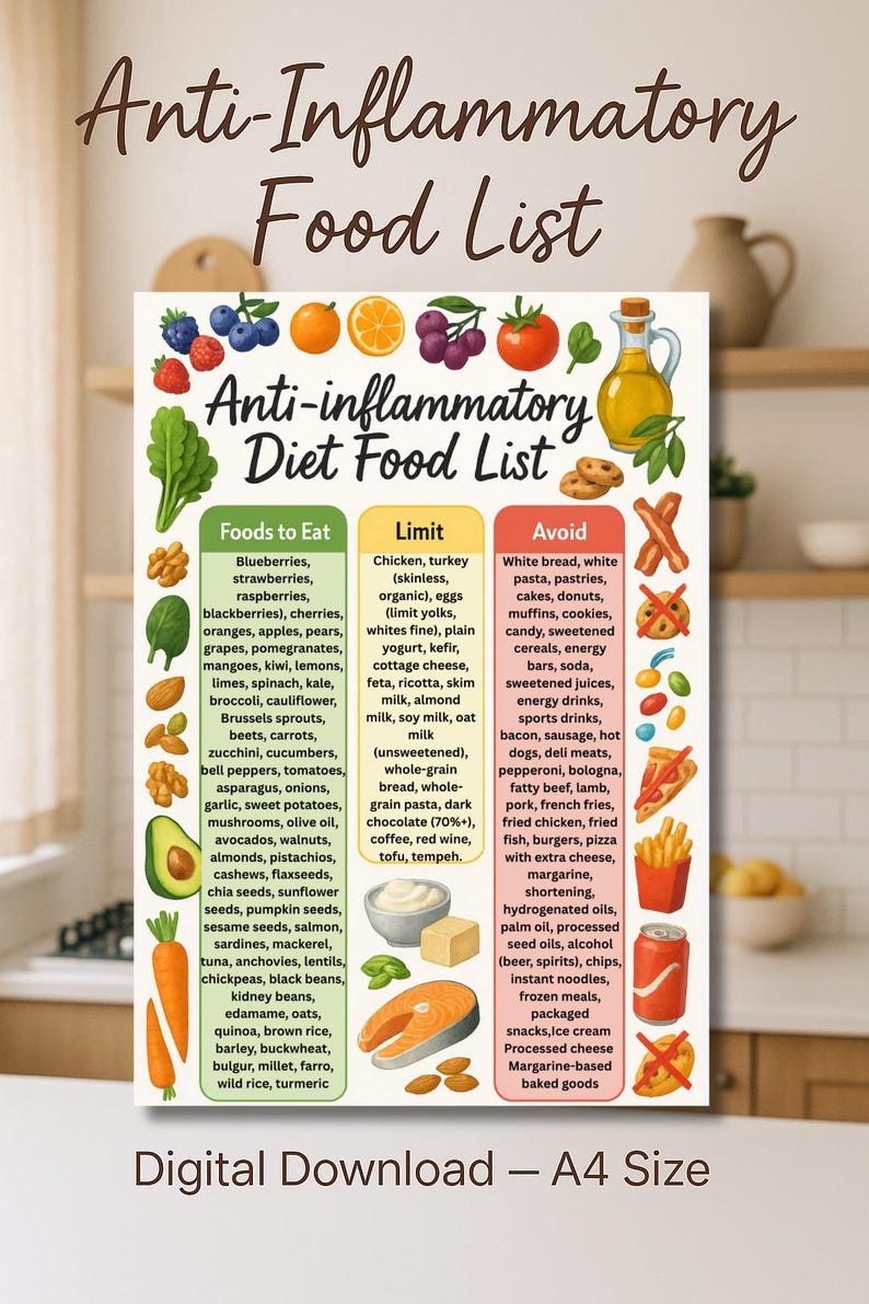 Anti-Inflammatory Food List Printable, Anti-Inflammatory Grocery Chart and Gut-Friendly Foods Guide in A4 PDF format. Includes a list of foods to eat, limit, and avoid for inflammation, arthritis, IBS, PCOS, Crohn’s, colitis, thyroid support, and autoimmune health. Perfect anti inflam list for reducing bloating, improving joint health, supporting heart health, and managing a diabetic-friendly or low inflammation diet with clear poster-style chart.