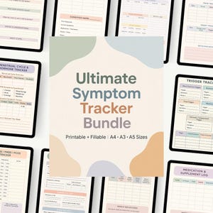 Puede incluir: La imagen muestra un producto digital, el "Ultimate Symptom Tracker Bundle". La portada presenta el título en verde azulado, naranja y gris. Varias tabletas digitales rodean la portada, mostrando varias páginas de seguimiento. El paquete es imprimible y rellenable en tamaños A4, A3 y A5.