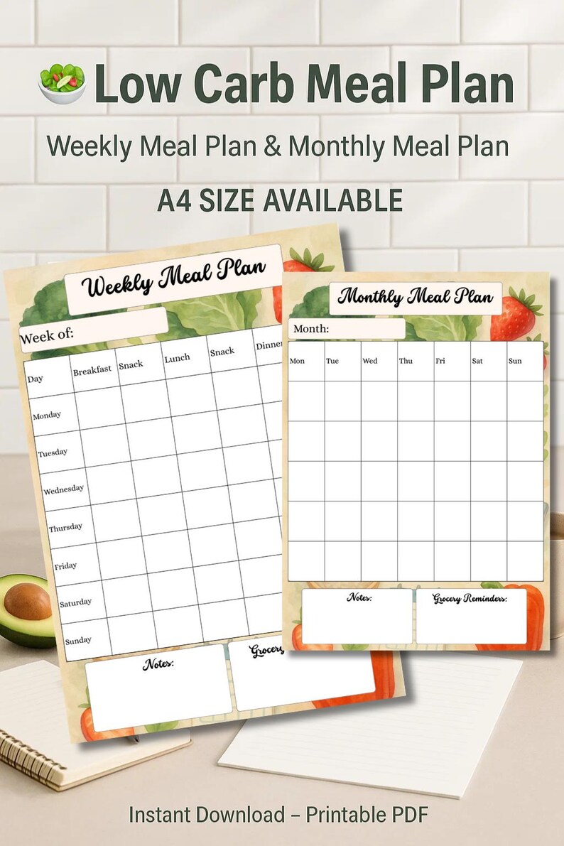 Low Carb Meal Planner | Printable Low Carb Diet Food List & Tracker for ...