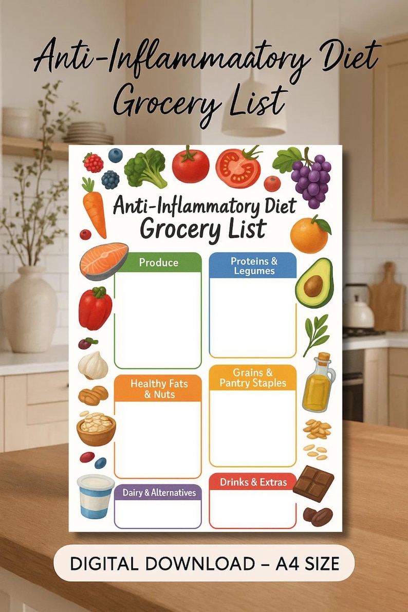 Anti-Inflammatory Diet Grocery List Printable, A4 PDF chart with categories for Produce, Proteins & Legumes, Healthy Fats & Nuts, Grains & Pantry Staples, Dairy & Alternatives, and Drinks & Extras. Perfect for planning gut-friendly foods, arthritis foods, thyroid support, Crohn’s, colitis, PCOS, IBS, and autoimmune health. Helps reduce inflammation, bloating, and joint pain with an easy-to-use shopping guide for anti-inflammatory, heart healthy, and diabetic diets.