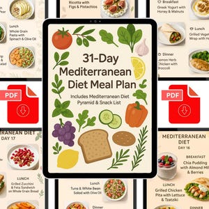 Op de afbeelding: Een digitaal maaltijdplan voor een 31-daagse mediterrane dieet, met illustraties van verschillende voedingsmiddelen zoals tomaten, groenten en fruit. Het plan bevat ontbijt-, lunch- en dineropties.