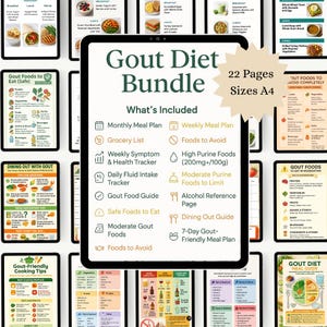 Lista y tabla de alimentos para la gota, paquete de dieta para la gota / Alimentos bajos en purinas, planificador de comidas, lista de la compra, rastreadores y consejos de cocina / Formato A4 imprimible