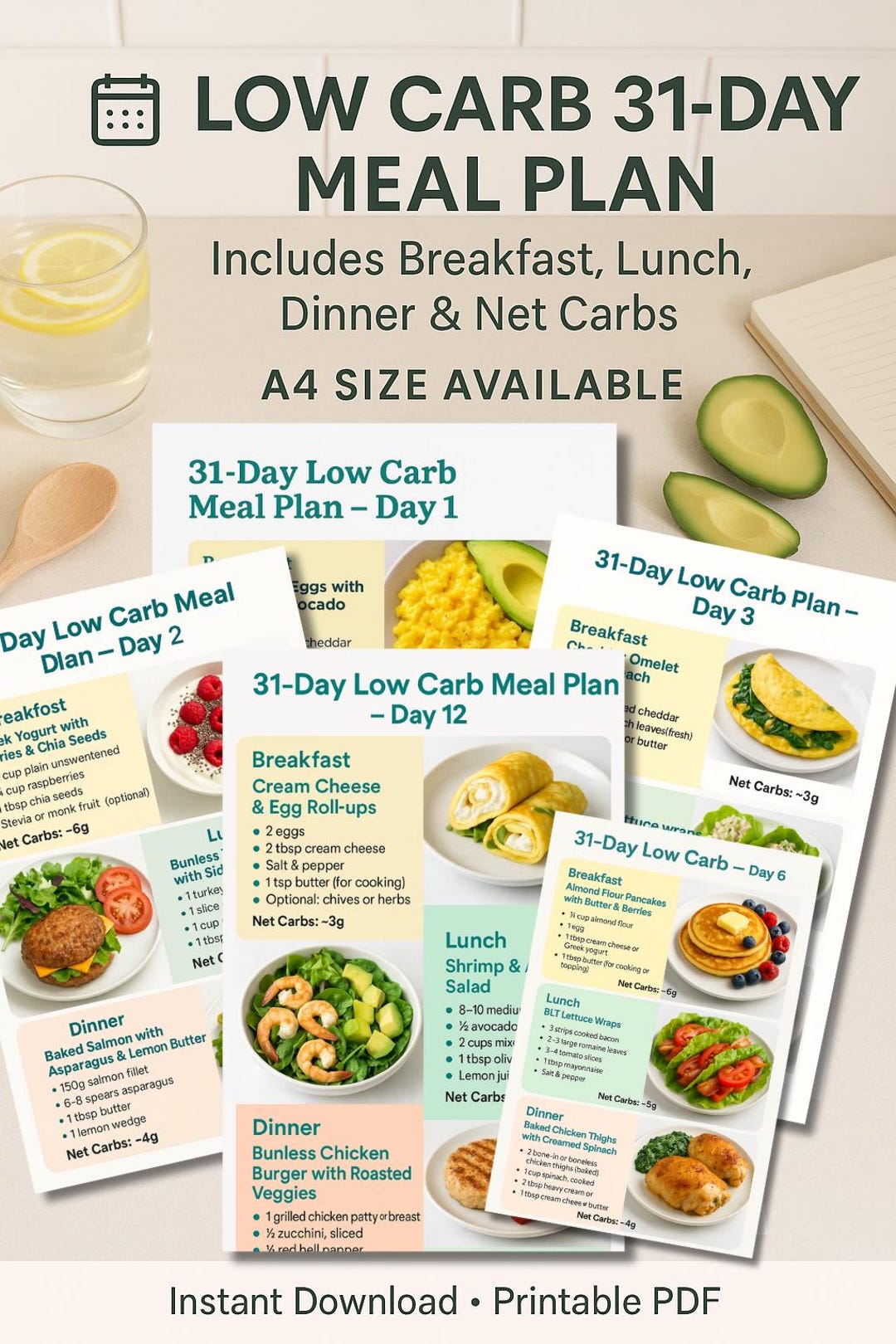 Low Carb Meal Planner | Printable Low Carb Diet Food List & Tracker for ...