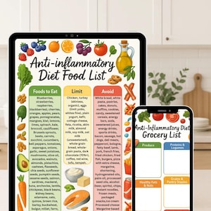 Anti-Inflammatory Diet Food List and Grocery List Printable PDF bundle shown on tablet and phone screens. Digital download, A4 size, perfect for printing or viewing on any device. Includes foods to eat, limit, and avoid plus categorized grocery sections for produce, proteins, healthy fats, grains, dairy, and extras. Ideal for arthritis, IBS, PCOS, Crohn’s, colitis, thyroid, autoimmune, and diabetic diets. A convenient anti-inflammatory chart set to reduce inflammation and support gut and