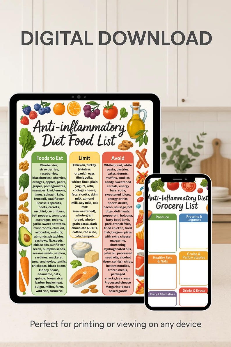 Anti-Inflammatory Diet Food List and Grocery List Printable PDF bundle shown on tablet and phone screens. Digital download, A4 size, perfect for printing or viewing on any device. Includes foods to eat, limit, and avoid plus categorized grocery sections for produce, proteins, healthy fats, grains, dairy, and extras. Ideal for arthritis, IBS, PCOS, Crohn’s, colitis, thyroid, autoimmune, and diabetic diets. A convenient anti-inflammatory chart set to reduce inflammation and support gut and