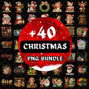 Puede incluir: Una colección de 40 imágenes PNG con temática navideña, que incluyen muñecos de nieve, Papá Noel, renos y texto festivo. Las imágenes están dispuestas sobre un fondo negro con un gráfico circular rojo que dice "+40 CHRISTMAS PNG BUNDLE".