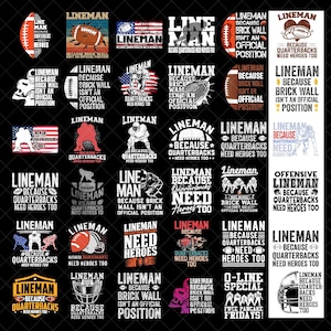 Puede incluir: Una colección de diseños gráficos negros con la palabra "Lineman" y frases relacionadas con el fútbol americano. Los diseños incluyen balones de fútbol, cascos y elementos de la bandera estadounidense. El texto incluye "Because Quarterbacks Need Heroes Too."