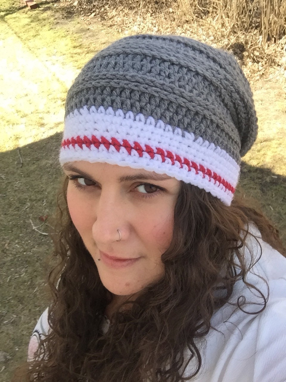Slouchy Sock Hat/Wool Sock Hat/Grey and Red Sock Hat Etsy