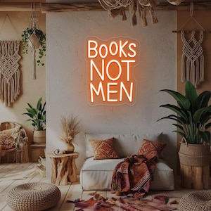 Enseigne au néon Books Not Men, enseigne murale décorative de livre, enseigne murale de lecture, décoration d'étagère, enseigne de bibliothèque à domicile, décoration livresque, enseigne citations de lecture