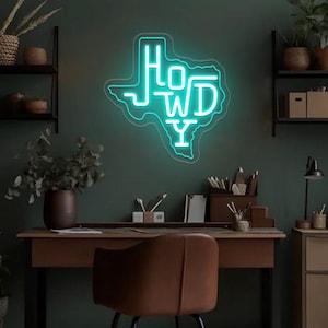 Enseigne au néon Howdy Texas, carte du Texas, art mural, décoration western esthétique tendance, décoration murale cow-boy ranch, décoration d'oeuvres d'art à la maison dans l'ouest du Texas