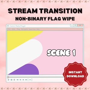 Könnte beinhalten: Ein Bildschirm eines digitalen Media Players, der einen Übergangseffekt mit einem nicht-binären Flaggen-Wisch zeigt. Der Bildschirm zeigt ein Farbschema in Pink, Gelb, Weiß und Lila mit dem Text "SZENE 1". Das Bild enthält auch einen roten Knopf mit dem Text "INSTANT DOWNLOAD".
