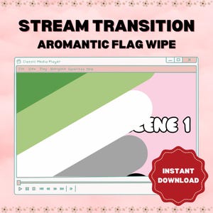 Könnte beinhalten: Ein aromantischer Flaggen-Wisch-Übergangseffekt für das Streaming. Der Effekt wird in einem klassischen Media Player-Fenster mit dem Text "Szene 1" auf dem Bildschirm angezeigt. Die Farben der aromantischen Flagge sind grün, weiß und grau. Der Download-Button ist rot mit weißem Text.