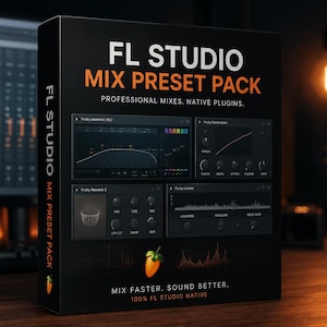 Puede incluir: Una caja negra con el texto "FL STUDIO MIX PRESET PACK" en naranja y blanco. Muestra imágenes de interfaces de software de mezcla de audio. La parte inferior de la caja dice "MIX FASTER. SOUND BETTER. 100% FL STUDIO NATIVE."