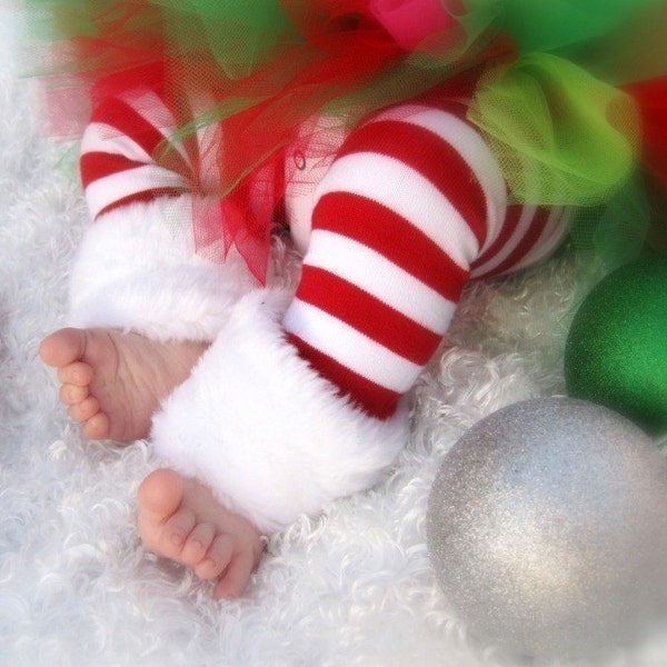 Red and White Candy Cane  Baby Leg Warmers With Faux Fur Fits Most Infants Toddlers and Children