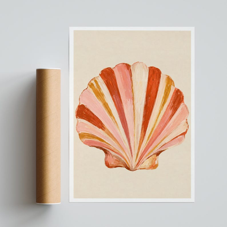 Shell Print Artist Scallop Shell Art Print, Coastal Wall Art, Pink Orange Seashell Poster ...