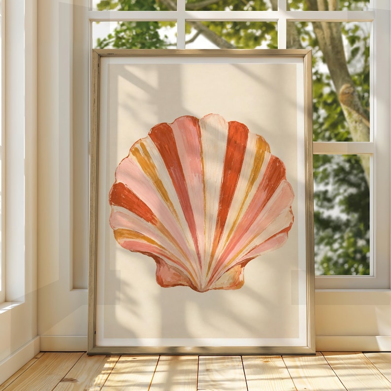 Shell Print Artist Scallop Shell Art Print, Coastal Wall Art, Pink Orange Seashell Poster ...