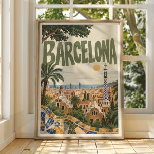 May include: A framed travel poster featuring the word BARCELONA in large green letters. The illustration depicts a cityscape with a mosaic-tiled wall in the foreground, palm trees, a tall blue and white checkered tower, and a distant sea.