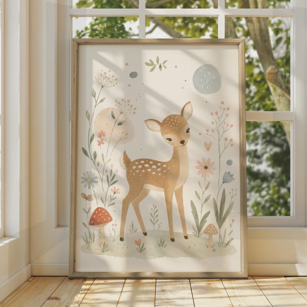 Lámina infantil de cervatillo en acuarela, arte mural de ciervo estilo bohemio, decoración floral con setas (descarga digital)