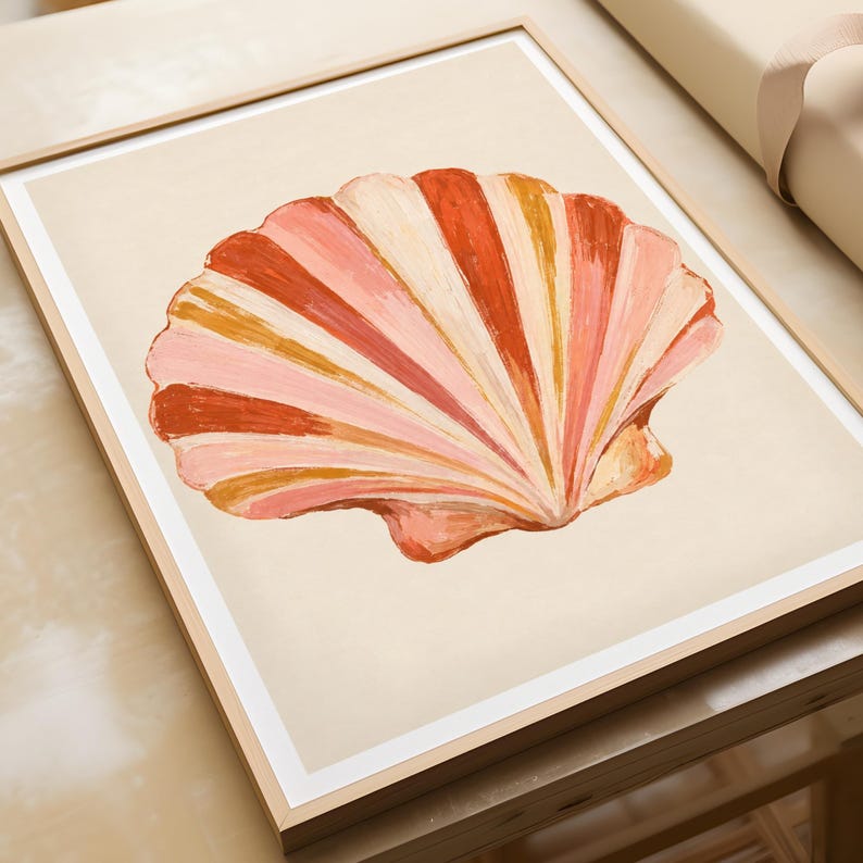 Shell Print Artist Scallop Shell Art Print, Coastal Wall Art, Pink Orange Seashell Poster ...