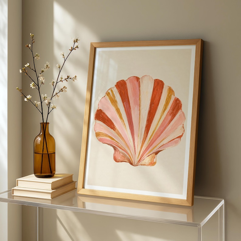 Shell Motif Design Scallop Shell Art Print, Coastal Wall Art, Pink Orange Seashell Poster ...