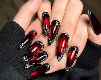Red Aura Vampire Press On Nails | Dark Gothic Blood Red Fake Nails | Silver Chrome Liquid Metal Gel Nails | Cyber Sigilcore Reusable Nails