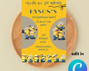 Bewerkbare sjabloon verjaardagsuitnodiging minions / sjabloon verjaardagsuitnodiging minions / bewerkbare sjabloon verjaardagsuitnodiging kinderen
