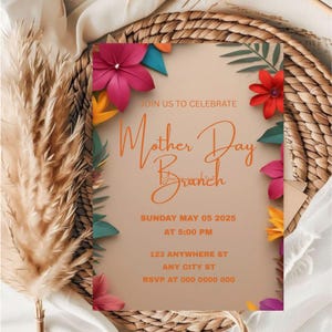 Modelo de convite editável para o Dia das Mães / Modelo de convite para um brunch de Feliz Dia das Mães / Convite editável para o Dia das Mães