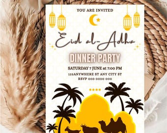 May include: An invitation for an Eid al-Adha dinner party. The design features a yellow mosque silhouette, palm trees, and animal silhouettes. The text reads "YOU ARE INVITED" and details the date, time, and location.